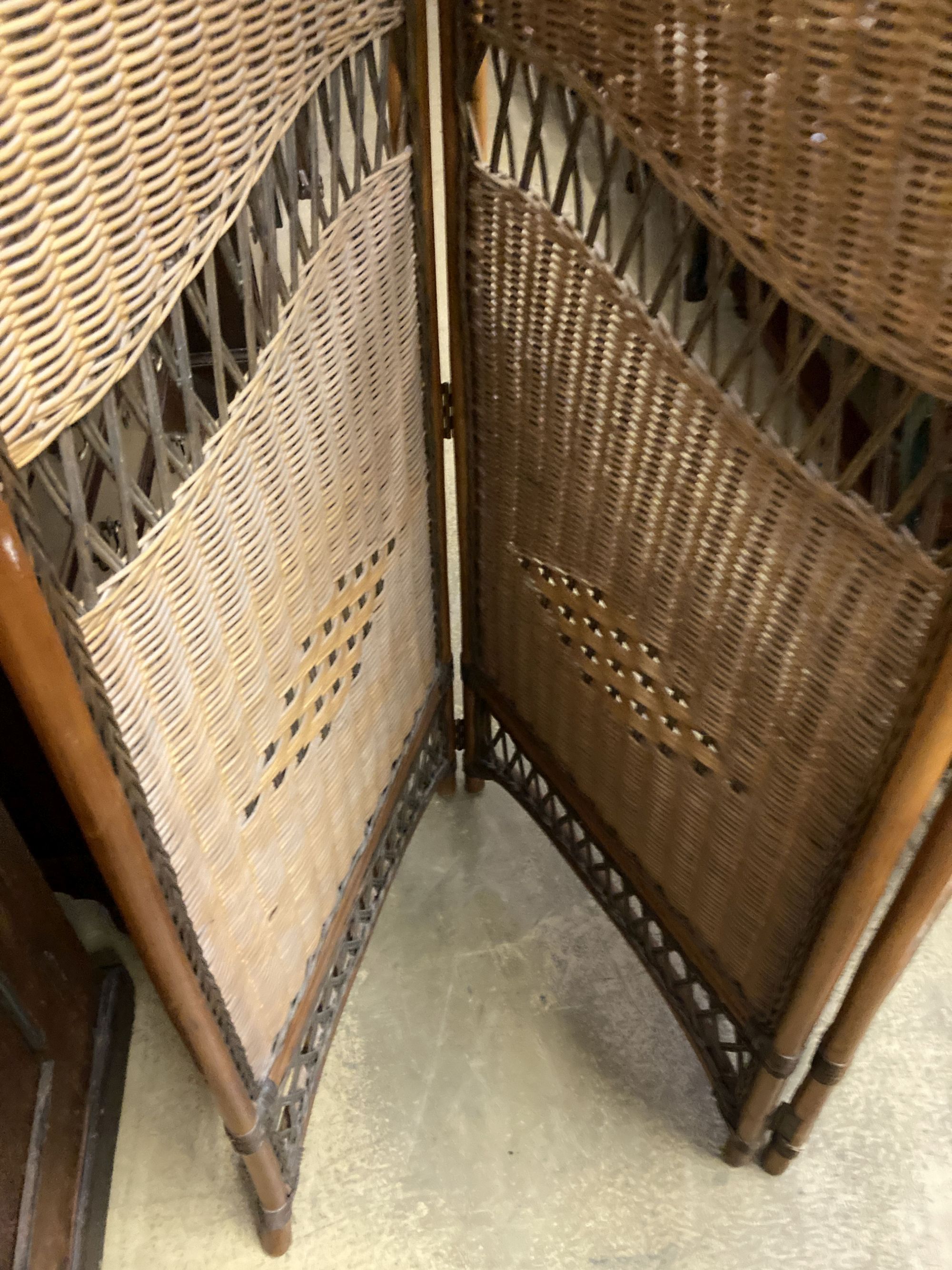 A three fold bamboo and rattan dressing screen, height 186cm